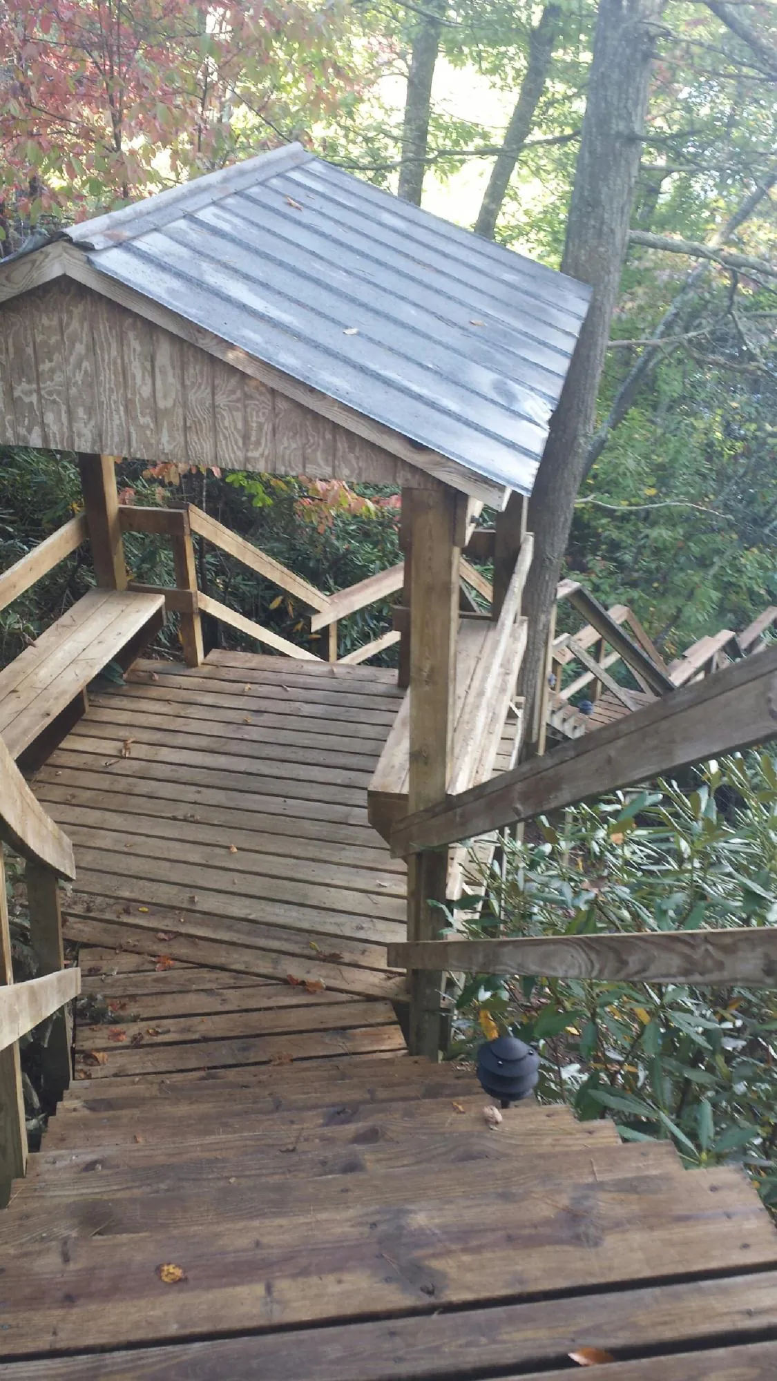 Metal roofed shelter over wooden steps on a wooded walkway — Skylight Repair & Installation work by our crew in Honeyville